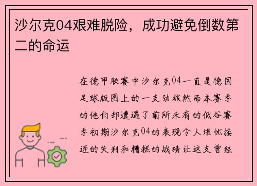 沙尔克04艰难脱险，成功避免倒数第二的命运