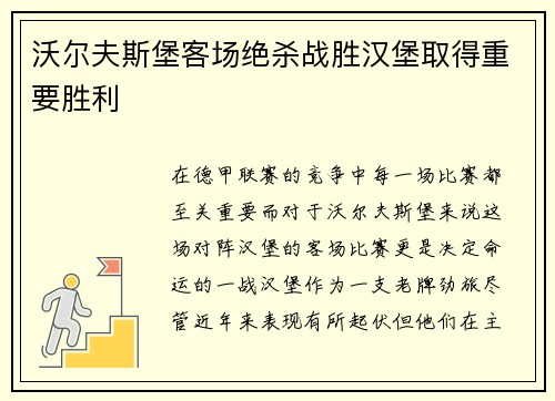 沃尔夫斯堡客场绝杀战胜汉堡取得重要胜利