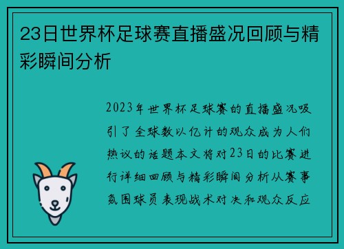 23日世界杯足球赛直播盛况回顾与精彩瞬间分析